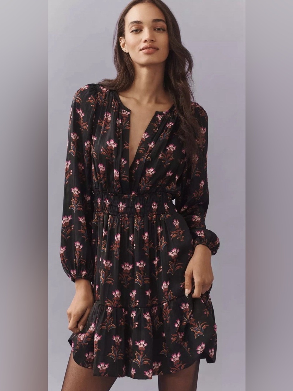 By Anthropologie Somerset Mini Dress: Long-Sleeve Edition in Black Floral - M